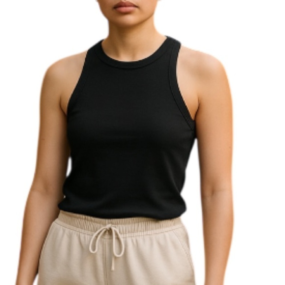 JOIE Ribbed Tank Top Black Raw Hem Crewneck Pima Cotton Modal Stretch Size M